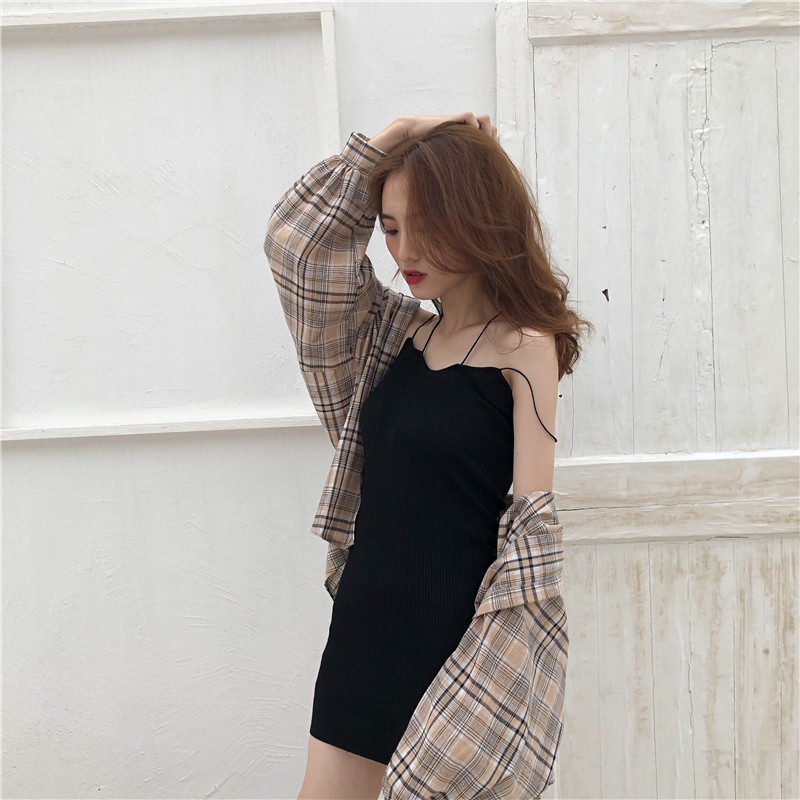 秋季韓版小心機套裝小清新長袖防曬襯衫+針織包臀吊帶裙兩件套女