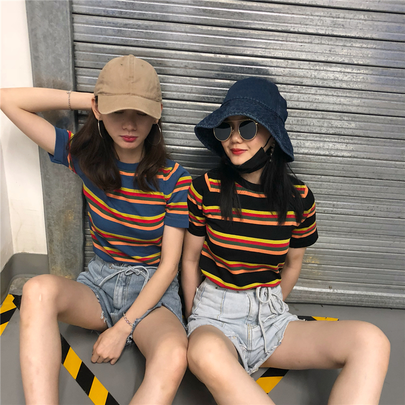 韓版修身顯瘦早秋季衣服百搭冰絲針織衫短袖上衣彩虹條紋t恤女夏