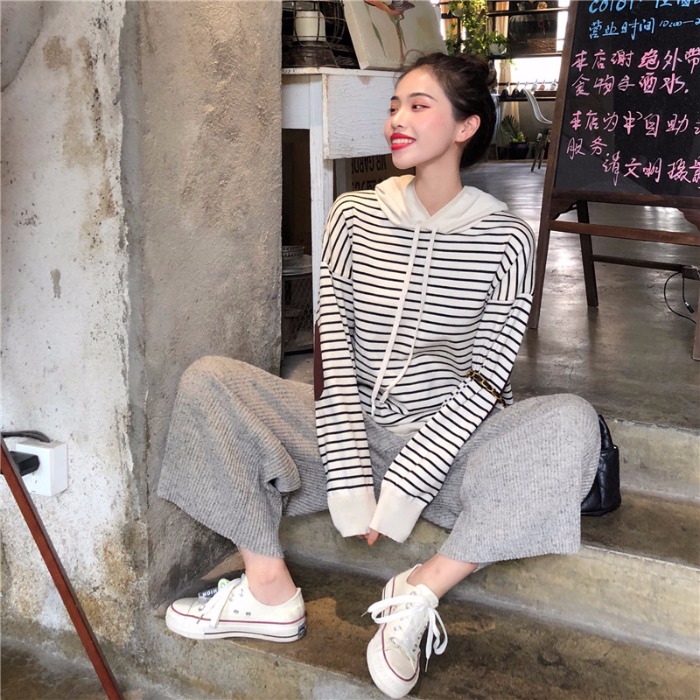 小香風套裝秋季chic韓版時尚連帽條紋毛衣加厚慵懶風闊腿褲兩件套