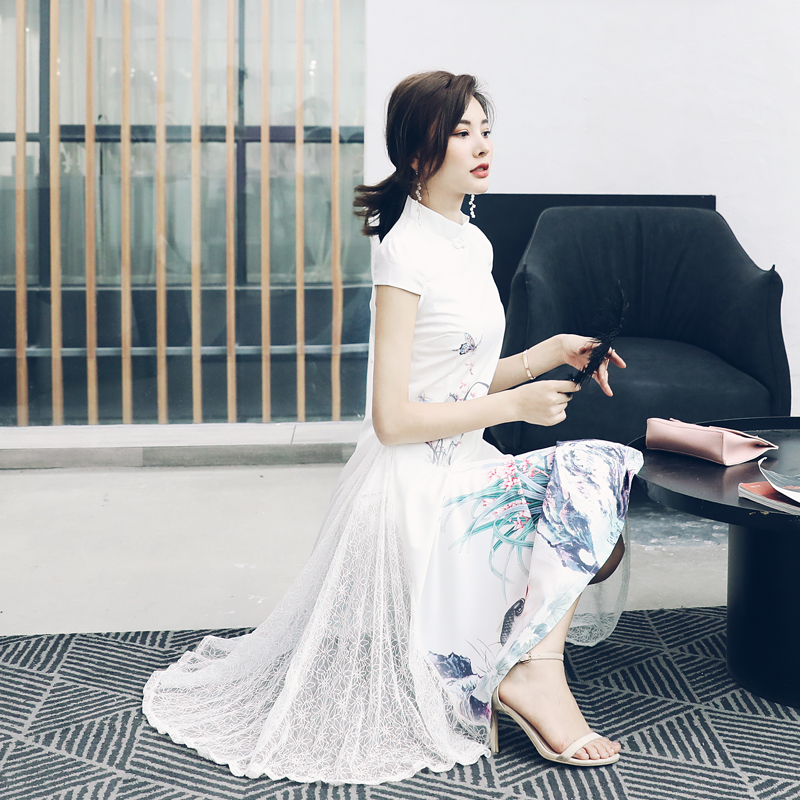 s秀中國風改良旗袍女2018新品復古印花蕾絲拼接大擺裙連衣裙夏