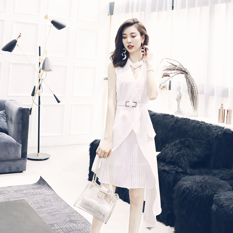 S秀名媛氣質2018夏季新款純色拼接無袖連衣裙女時尚褶皺不規則裙