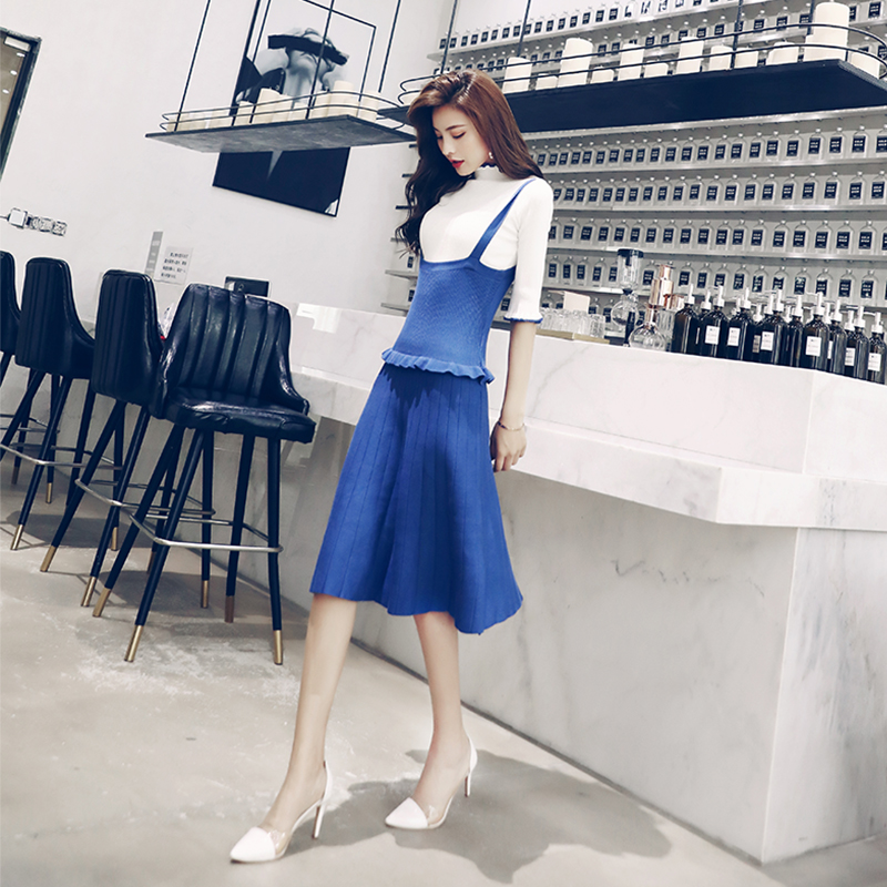 歐洲站2018秋季新款修身半袖針織上衣打底衫吊帶連衣裙兩件套套裝