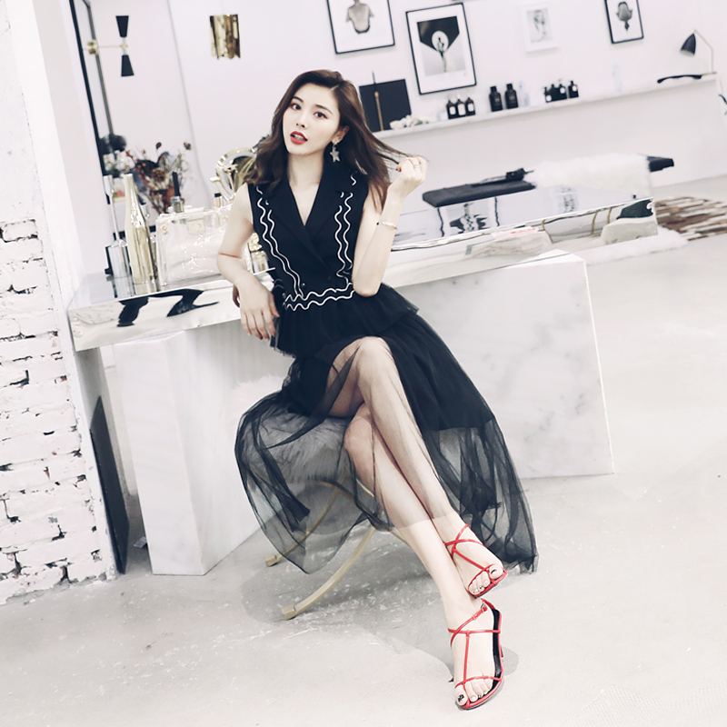 S秀時尚氣質顯瘦兩件套女裝2018夏季新款拼色上衣網紗半身裙套裝