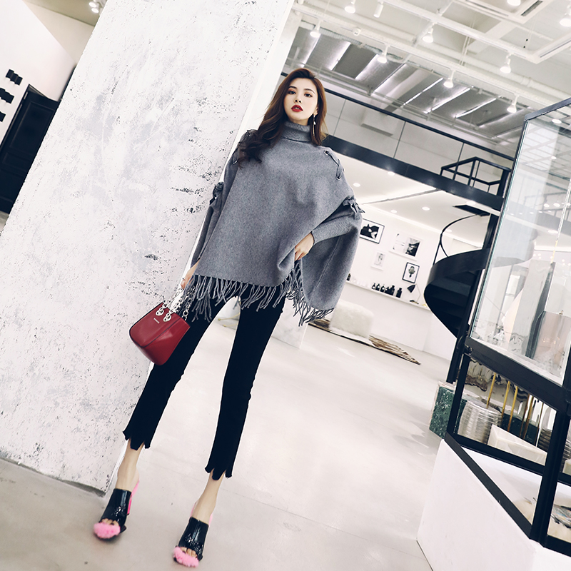 2018秋冬新款高領套頭寬松斗篷式披肩針織外套蝙蝠袖流蘇毛衣女裝