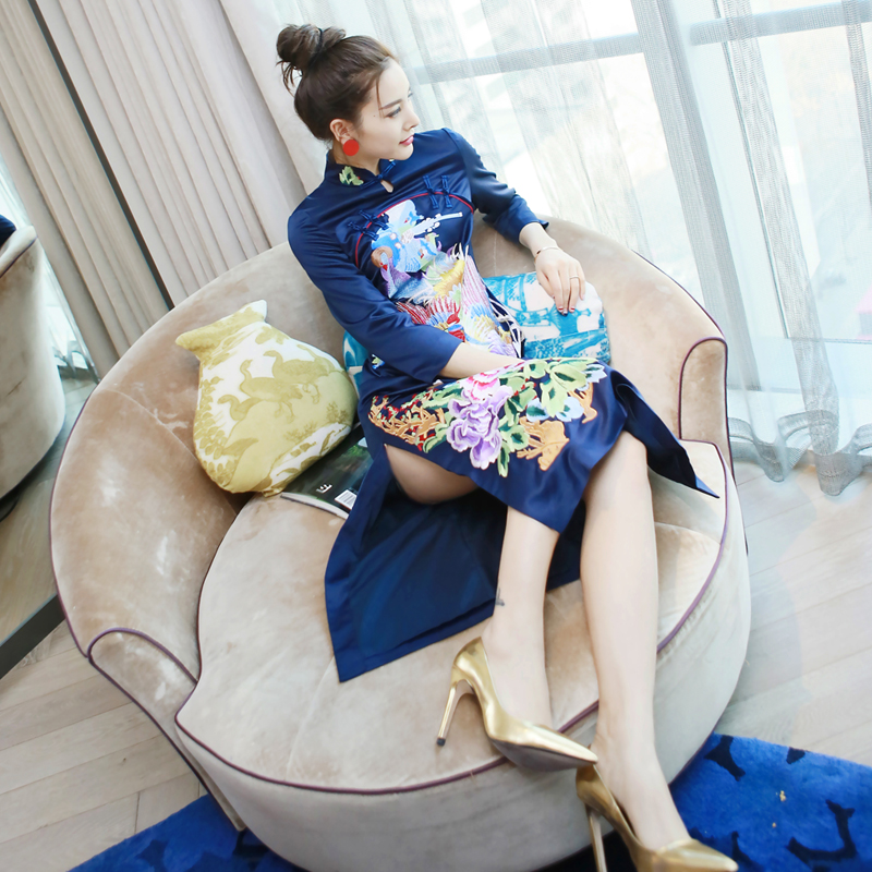 新復古唐裝日常宴會開叉旗袍連衣裙重工繡花大碼改良修身顯瘦女裝