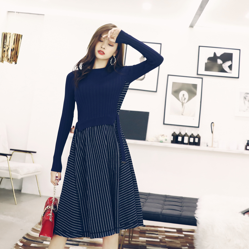 名媛2018秋季新款長袖打底裙韓版女假兩件中長款拼接針織連衣裙潮