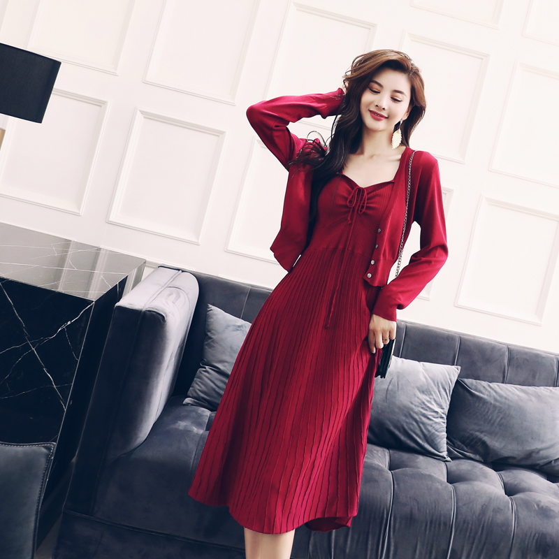 針織開衫吊帶連衣裙女兩件套2018秋冬新款時尚氣質寬松小心機套裝