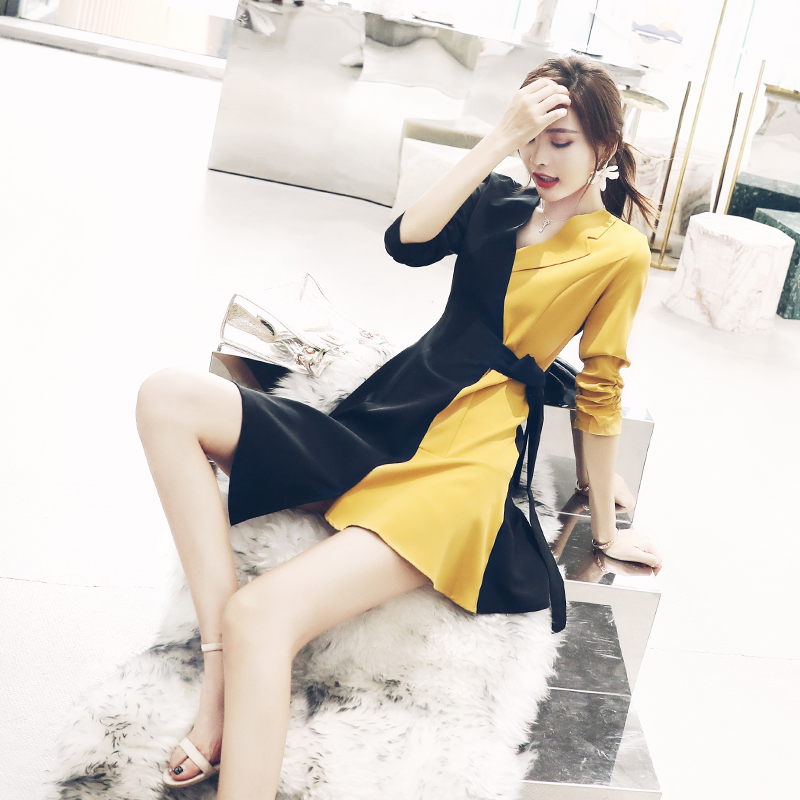 2018新款夏季不對稱拼接短款小西裝七分袖休閑西服外套女連衣裙