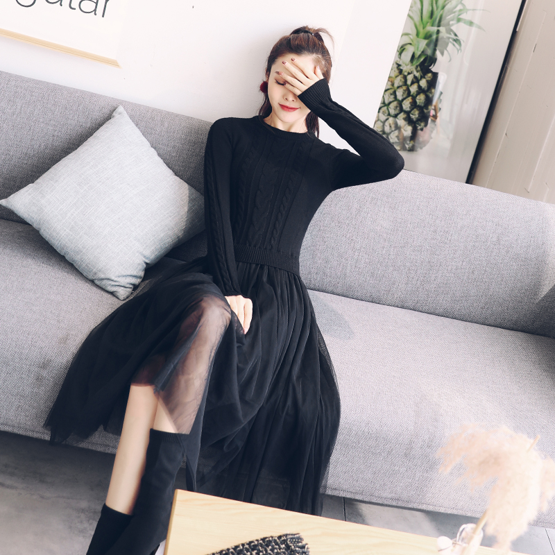 名媛打底裙子2018秋冬女裝新款針織衫拼接網紗假兩件中長款連衣裙