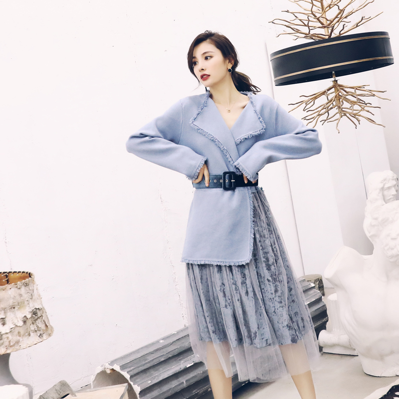 秋冬名媛風氣質長袖V領收腰系帶不規則網紗顯瘦假兩件網紅連衣裙