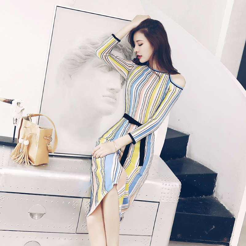 連衣裙女夏2018新款修身顯瘦露肩針織裙子慵懶風港味復古chic裙秋