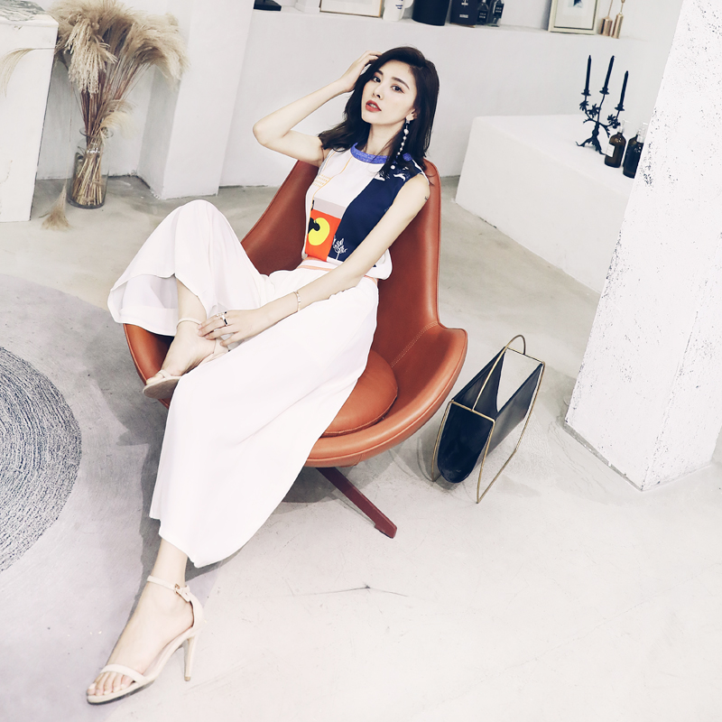 s秀洋氣名媛套裝女夏2018新款歐洲站闊腿褲無袖上衣時尚兩件套裝