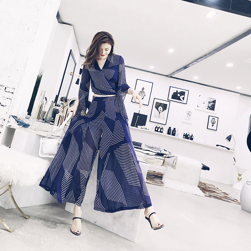 歐洲站網紅港味不規則上衣寬松闊腿褲時尚兩件套潮度假套裝女裝