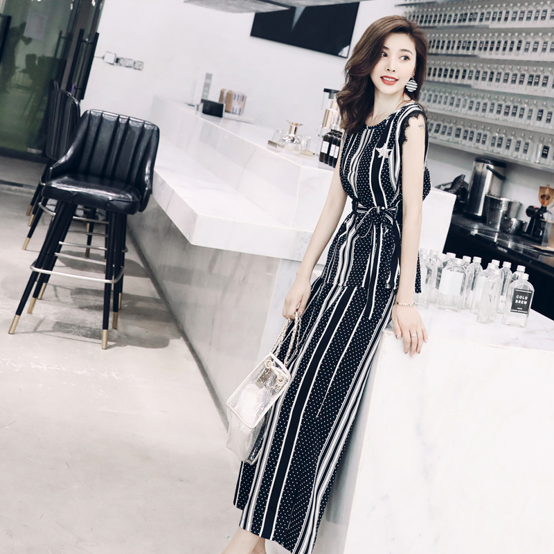 2018新款開叉闊腿褲套裝女夏季印花收腰上衣休閑時尚氣質兩件套潮