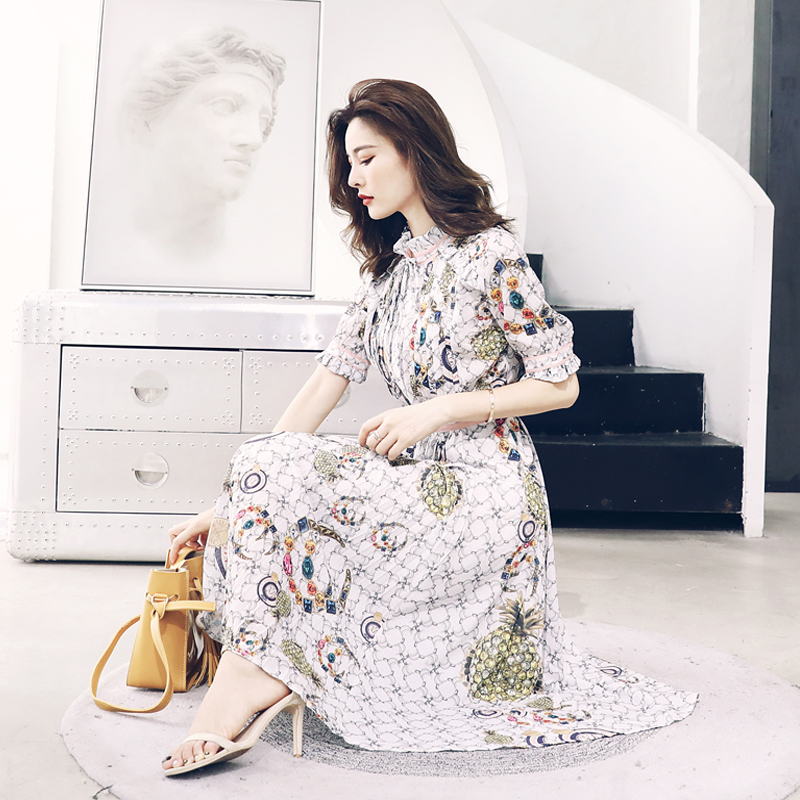 S秀歐洲站百褶顯瘦減齡復古短袖高腰溫柔連衣裙中長款2018新款