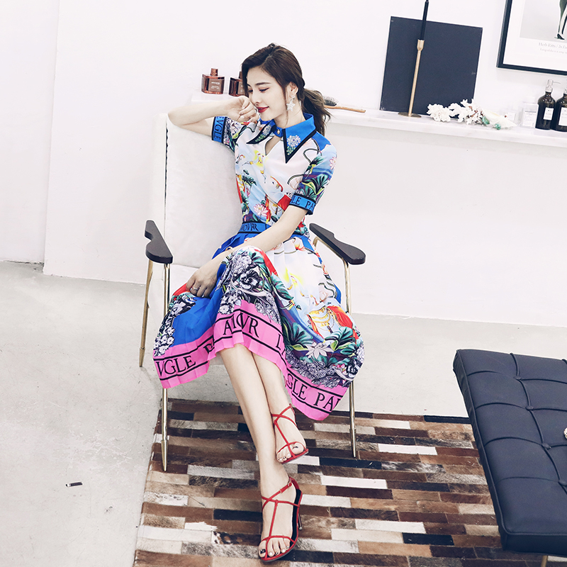 S秀名媛氣質2018夏季新品女神范顯瘦百褶半身裙拼色印花兩件套裝