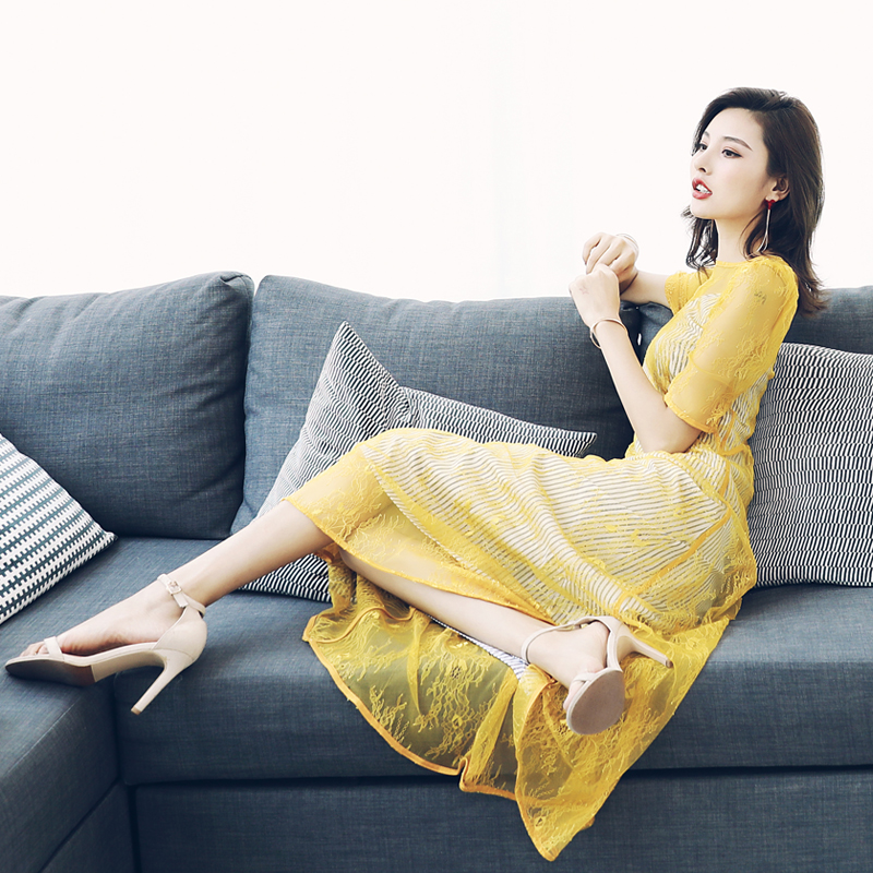 s秀名媛中長款蕾絲鏤空吊帶兩件套顯瘦裙子連衣裙女夏2018新款潮