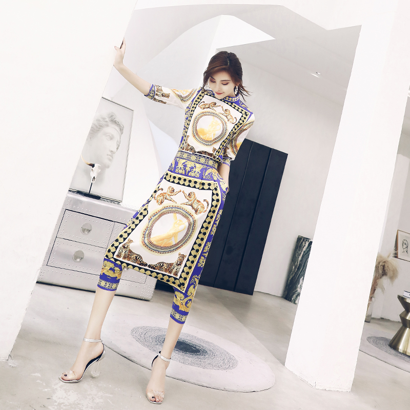名媛氣質夏兩件套2018新款五分袖印花上衣裙褲時尚女裝chic套裝潮