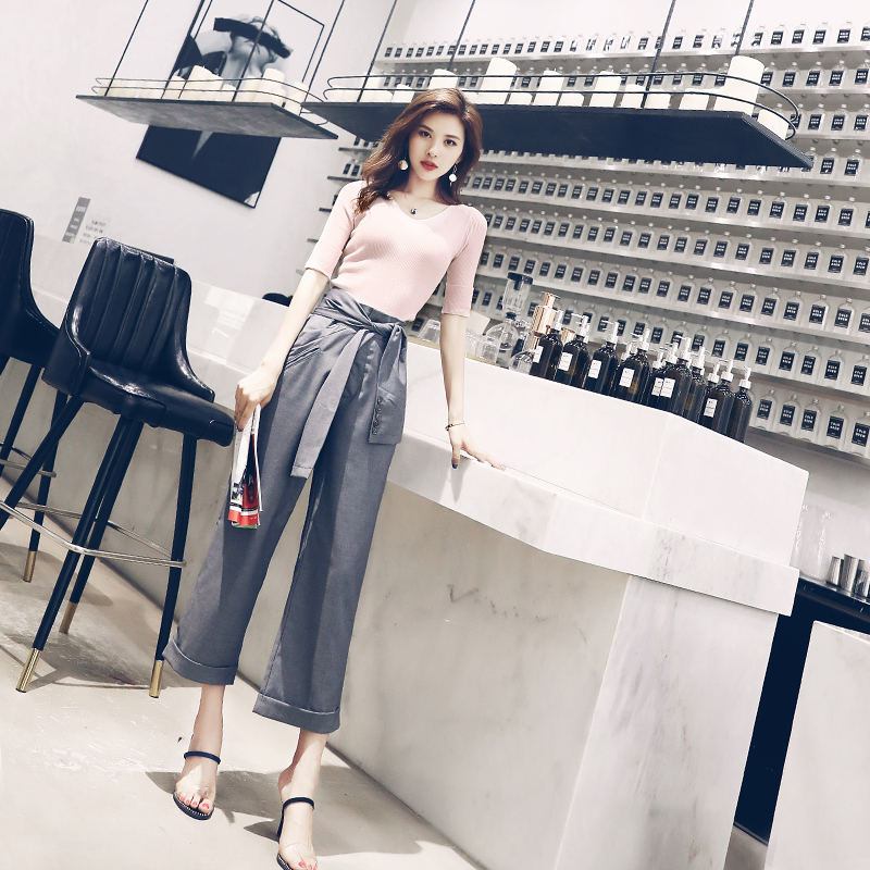 2018秋季時尚氣質韓版休閑套裝針織上衣高腰系帶九分闊腿褲兩件套