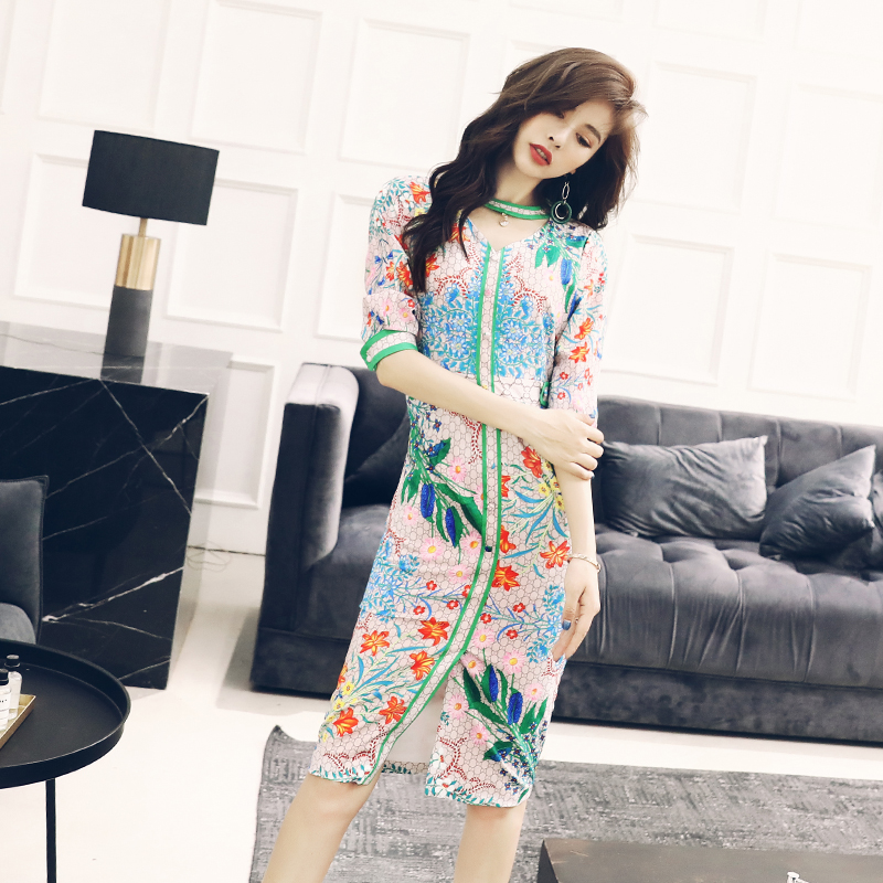 2018秋裝新款女裝印花連衣裙女夏季時尚七分袖中長款收腰開叉裙子