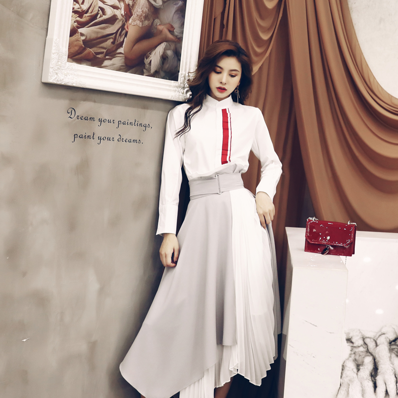 秋季女套裝2018新款氣質時髦長袖襯衫高腰不規則拼接半身裙兩件套