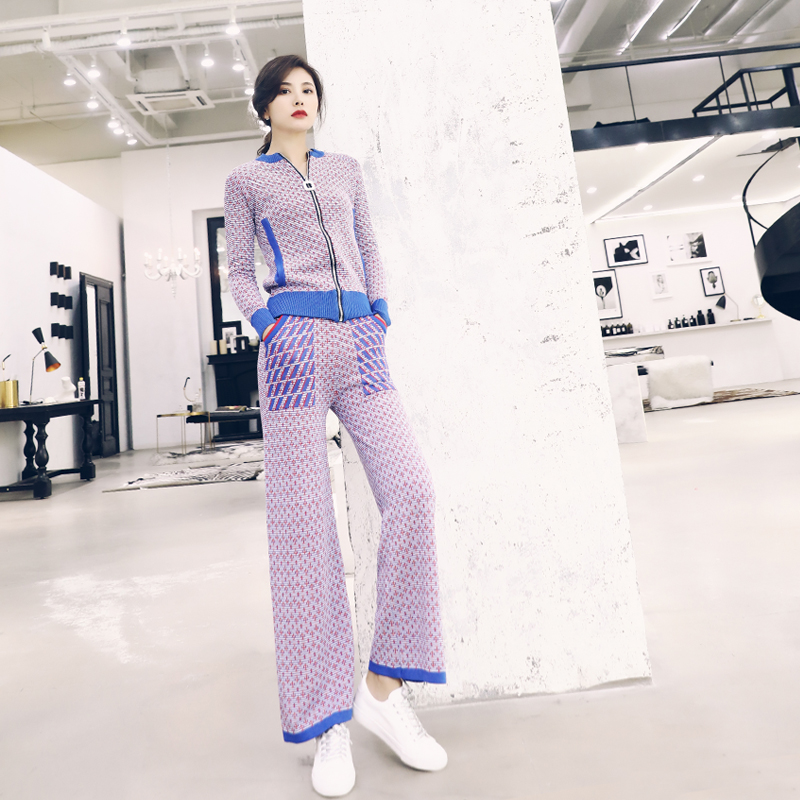 網紅慵懶風港味長袖毛衣女闊腿針織套裝秋裝女2018新款休閑兩件套