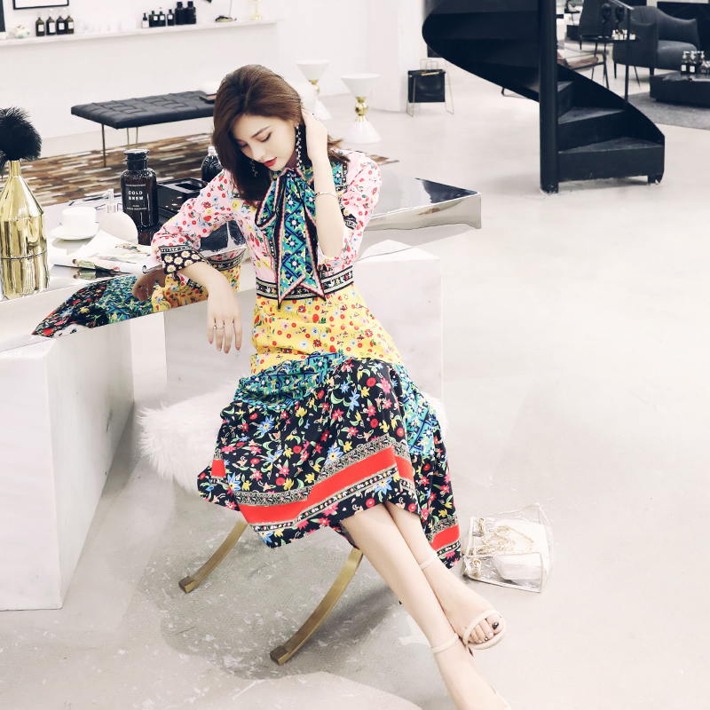 印花連衣裙女夏2018新款長袖收腰顯瘦大擺裙時尚氣質修身長裙子潮