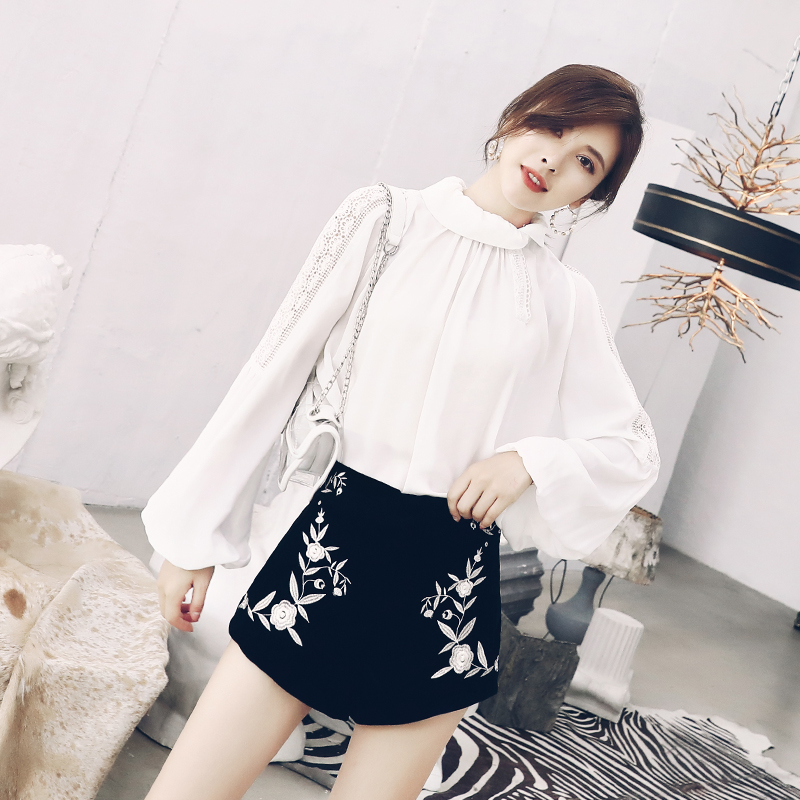 復古名媛繡花套裝女夏秋季2018新款高腰短褲長袖襯衣時尚兩件套潮