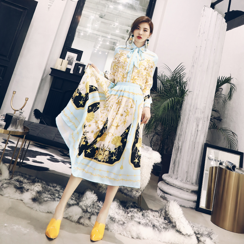 名媛氣質套裝裙秋季2018新款襯衫上衣印花半身百褶裙兩件套連衣裙
