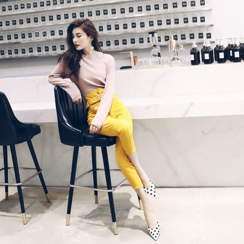 復古套裝女秋季2018新款港味網紅針織上衣高腰小腳褲兩件套裝潮