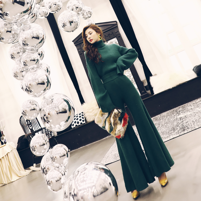 歐洲站針織兩件套闊腿褲喇叭長褲高腰顯瘦慵懶針織衫上衣毛衣套裝