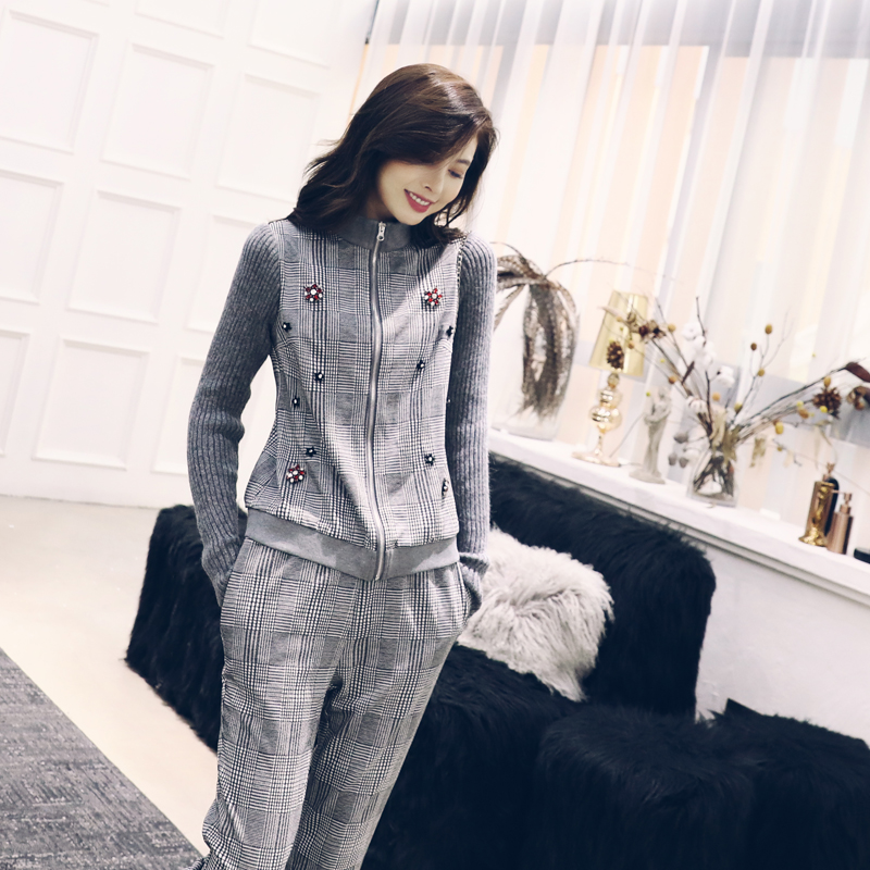 名媛網紅氣質2018秋季新款休閑風毛衣拼接格子套裝小腳褲兩件套潮