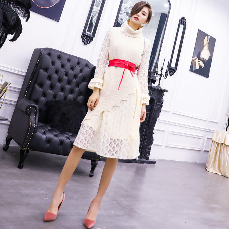 2018秋季新款網紅氣質高領針織系帶套裝時尚網紅套裝氣質潮流