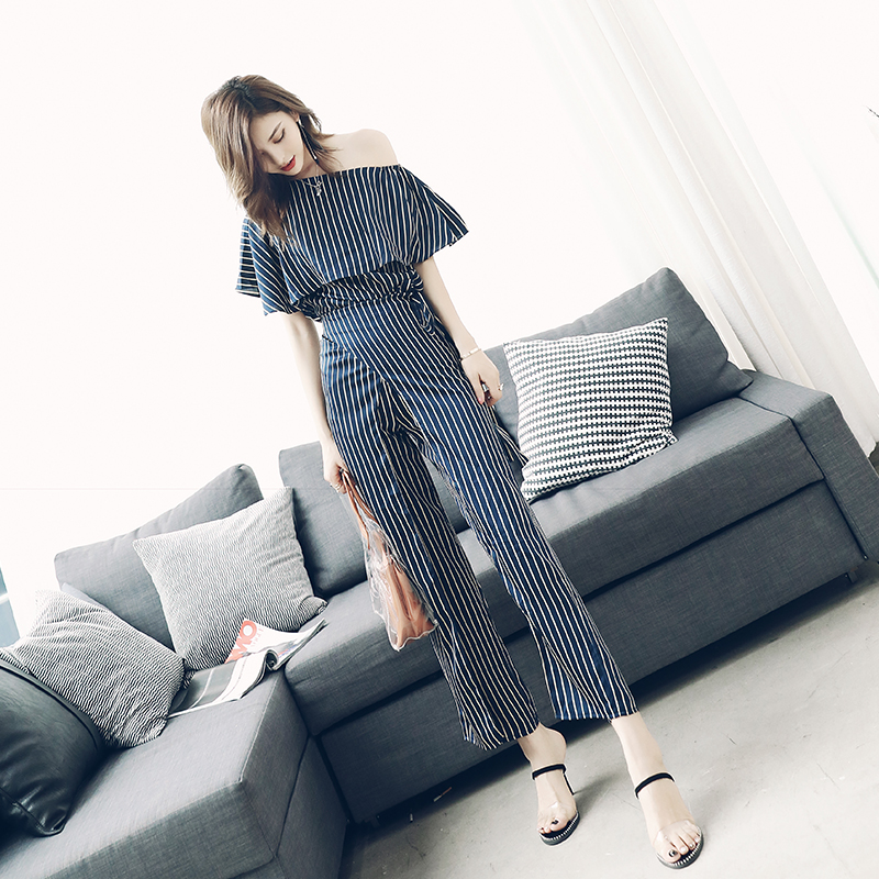 心機網紅韓版兩件套帥氣時髦社會女氣質條紋開叉闊腿褲套裝女