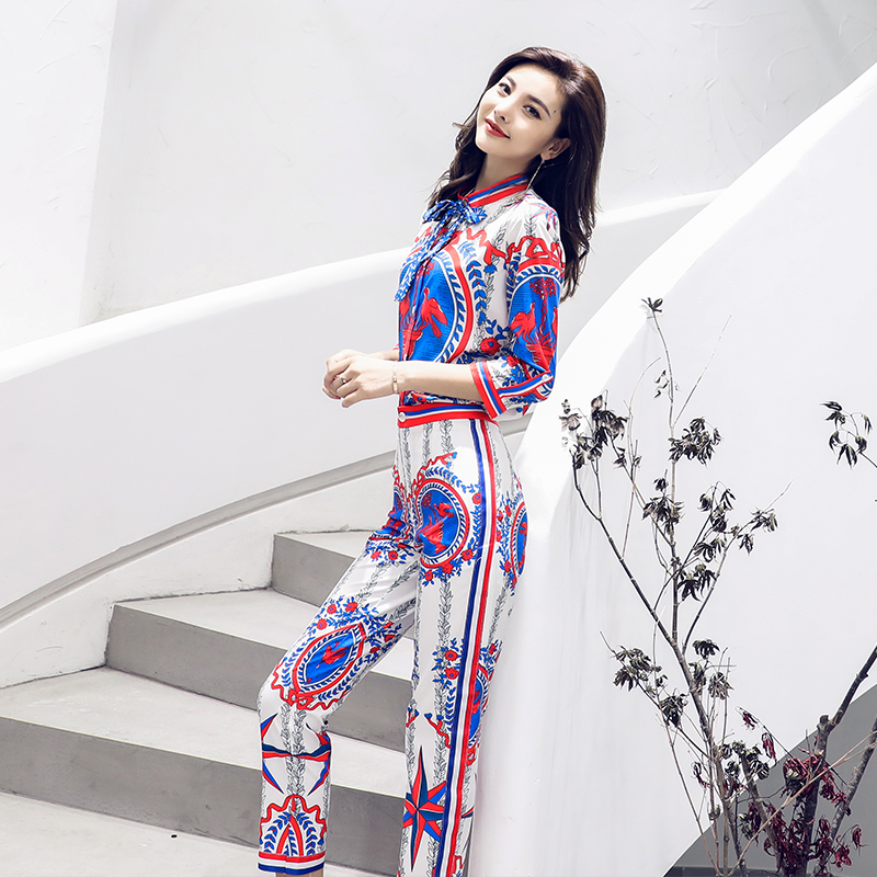 歐洲站復古港味社會套裝女歐貨襯衫高腰小腳褲兩件套2018夏秋季