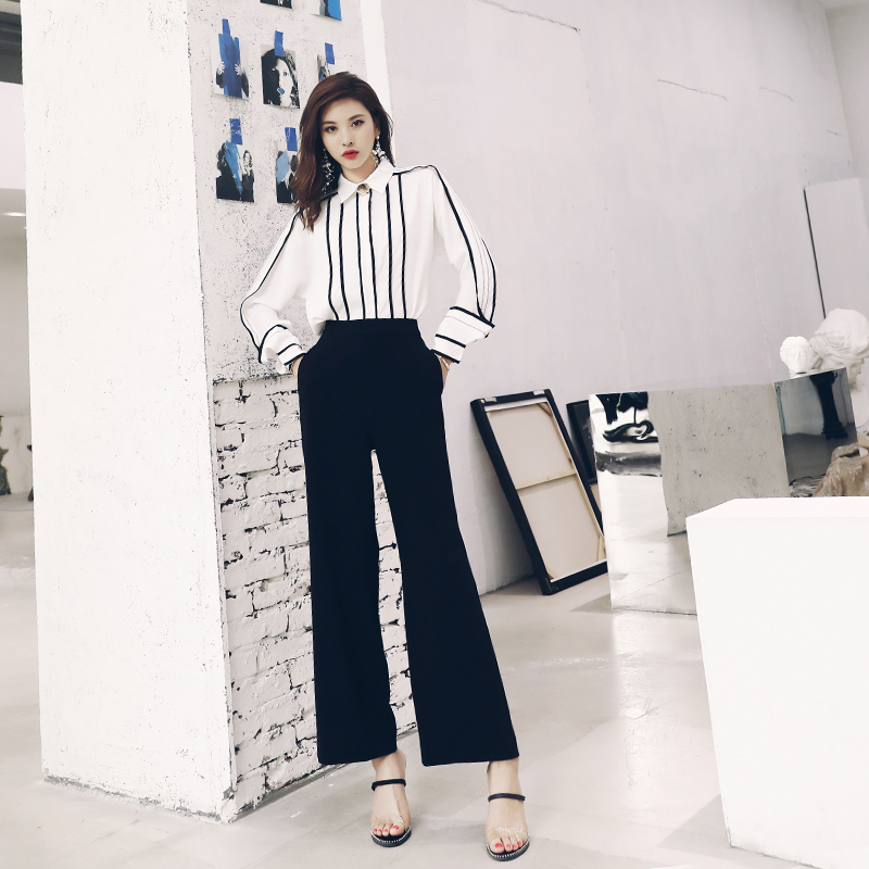 名媛氣質兩件套長袖襯衫上衣休閑修身顯瘦網紗闊腿長褲時尚套裝女