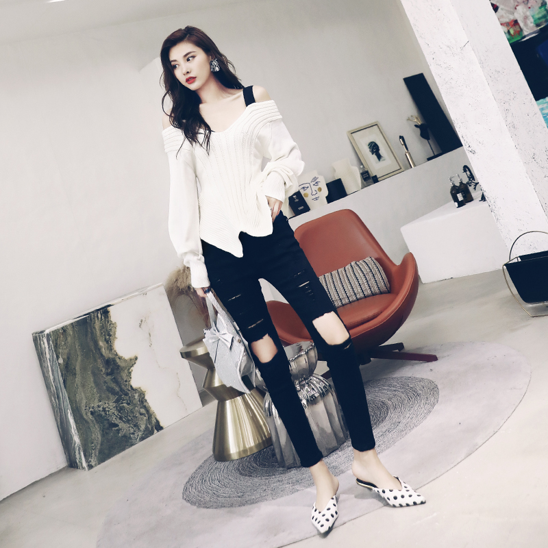 2018新款秋裝遮肚子顯瘦吊帶針織衫毛衣破洞牛仔褲兩件套時髦套裝