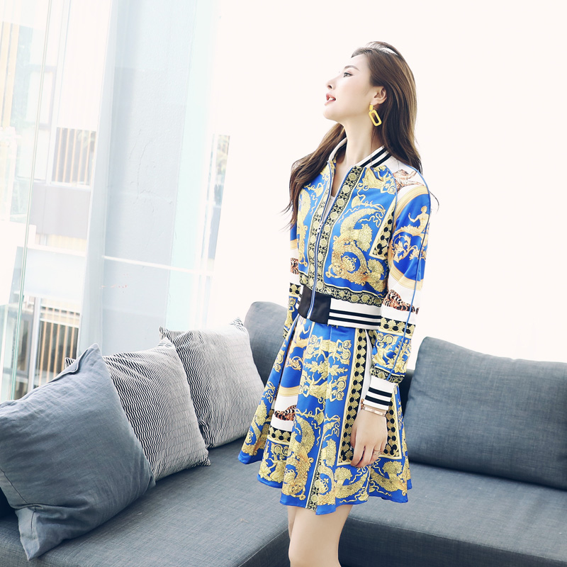 名媛時尚套裝裙秋裝女2018新款印花夾克時髦兩件套半身百褶裙子潮