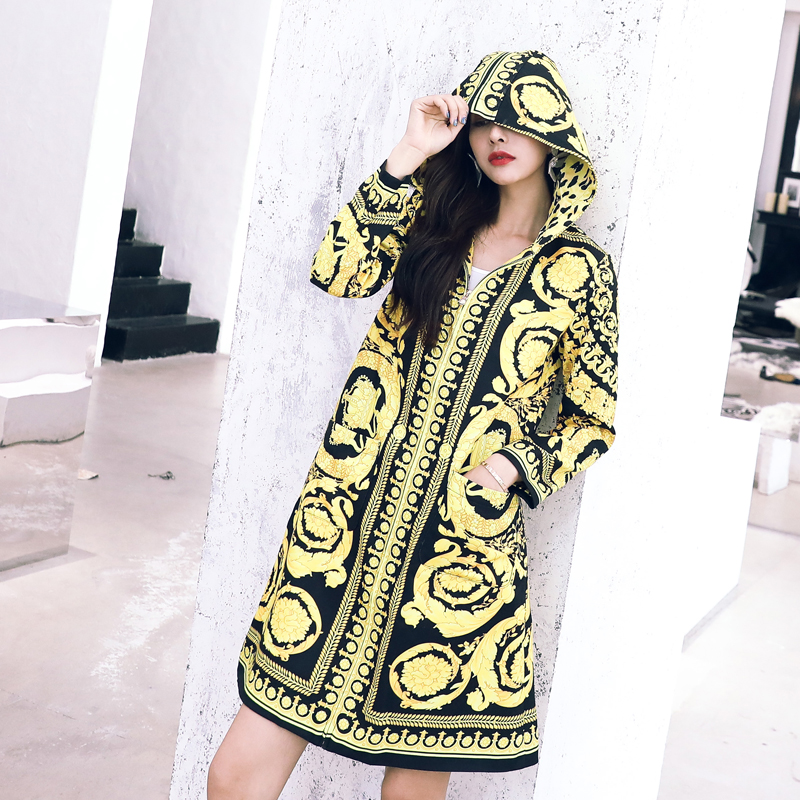 2018秋裝歐貨新款印花寬松chic復古休閑連帽外套潮風衣女中長款