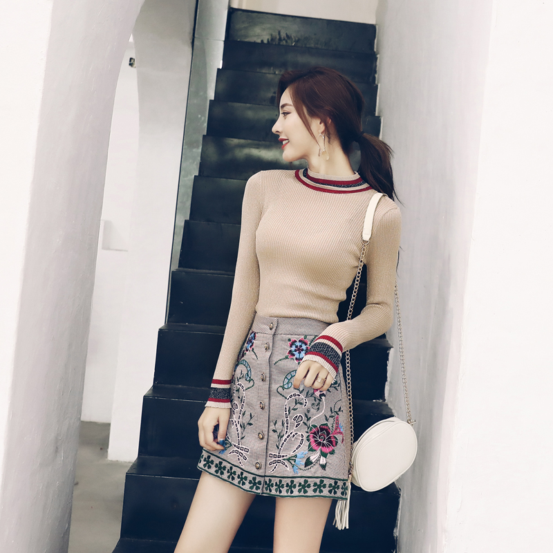 2018秋裝新款薄款上袖針織衫上衣繡花高腰復古A字半裙套裝兩件套