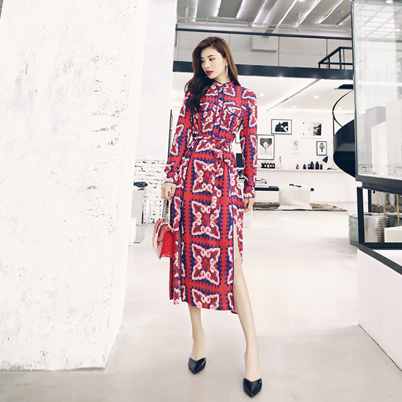 印花連衣裙長裙秋裝名媛氣質2018新款女裝復古收腰中長款襯衫裙子