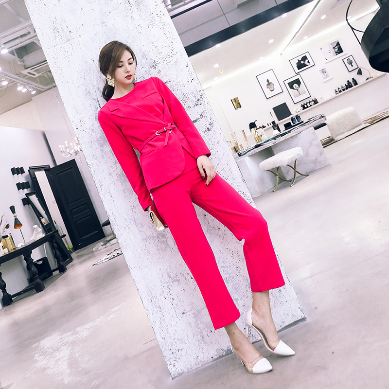 英倫風時尚女套裝早秋2018新款九分褲小西裝長袖收腰韓版兩件套