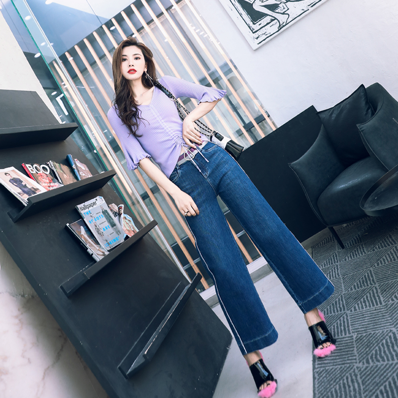 牛仔闊腿褲套裝女秋季韓版2018新款時髦女裝針織衫上衣休閑兩件套