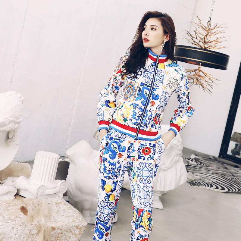 名媛氣質2018秋季女新款韓版印花長袖外套小腳褲休閑運動兩件套裝