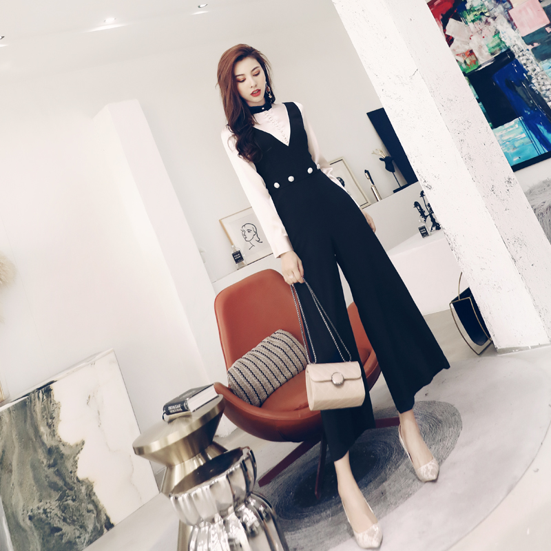 2018新款秋裝兩件女韓版長袖上衣顯瘦高腰背帶連體闊腿褲時髦套裝