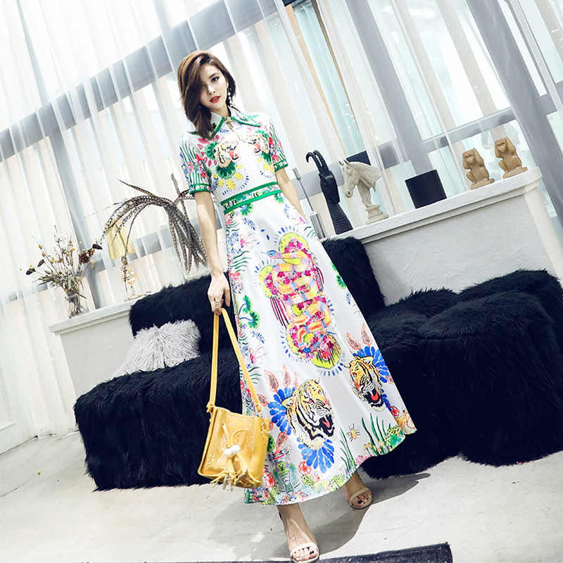 歐洲站短袖高腰顯瘦復古印花釘珠大擺裙長裙連衣裙女夏2018新款