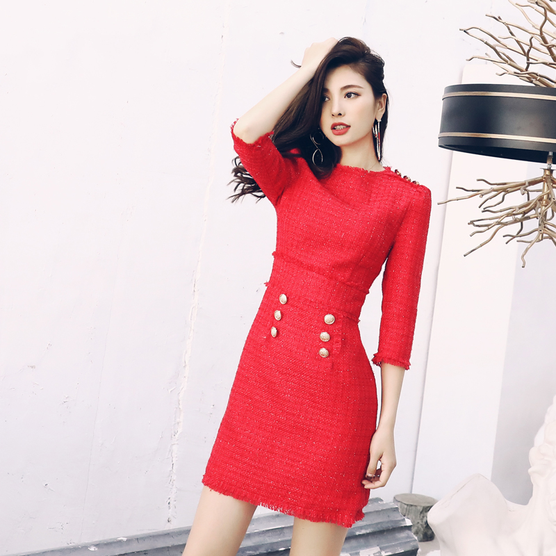 淑女氣質秋裝女2018新款毛呢純色連衣裙七分袖毛衣修身鉛筆裙子