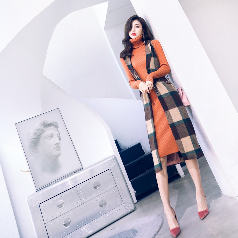 名媛氣質馬甲套裝女2018秋新款中長款無袖毛呢馬甲高領針織連衣裙