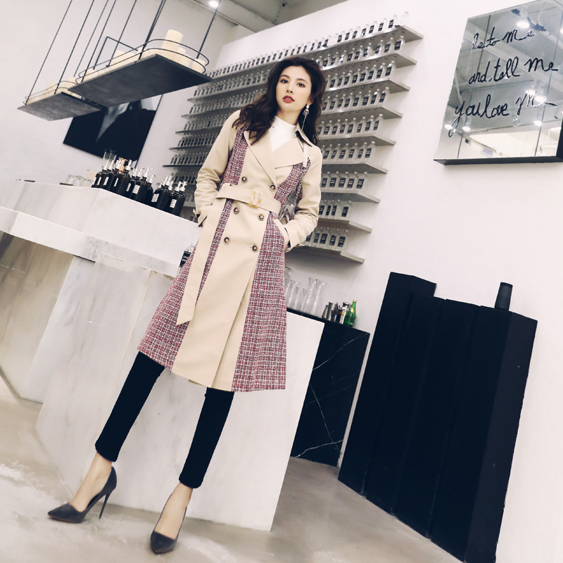 S秀英倫風2018冬季新款系帶紐扣拼接網紅大衣長袖中長款時尚風衣
