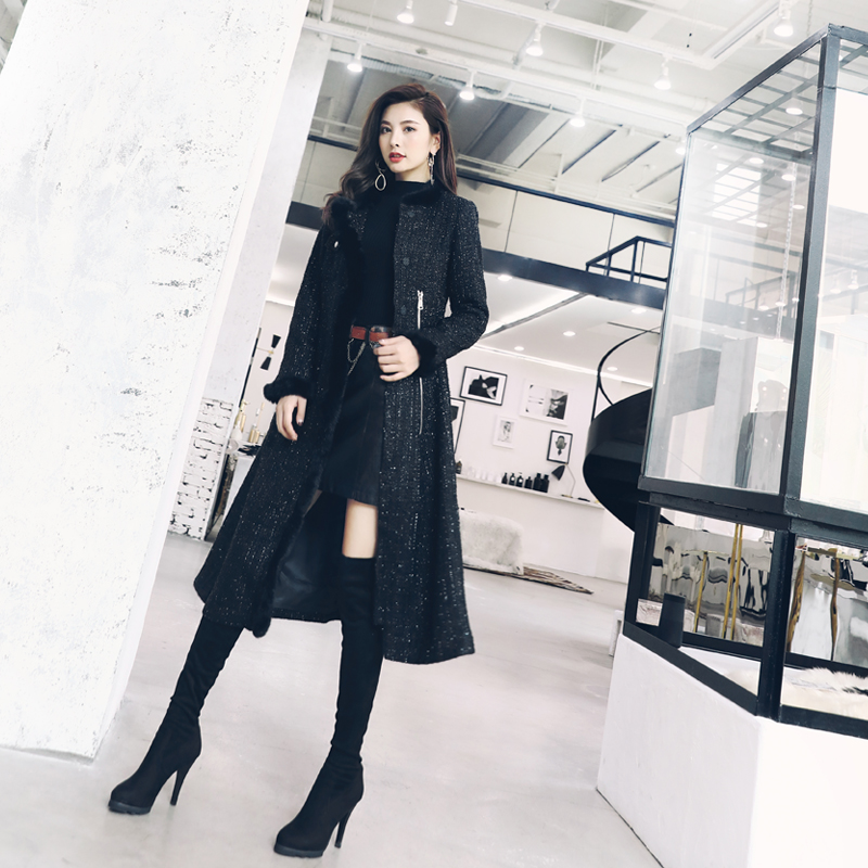 2018秋冬新款中長款英倫風毛呢立領外套黑色直筒修身暗扣保暖大衣